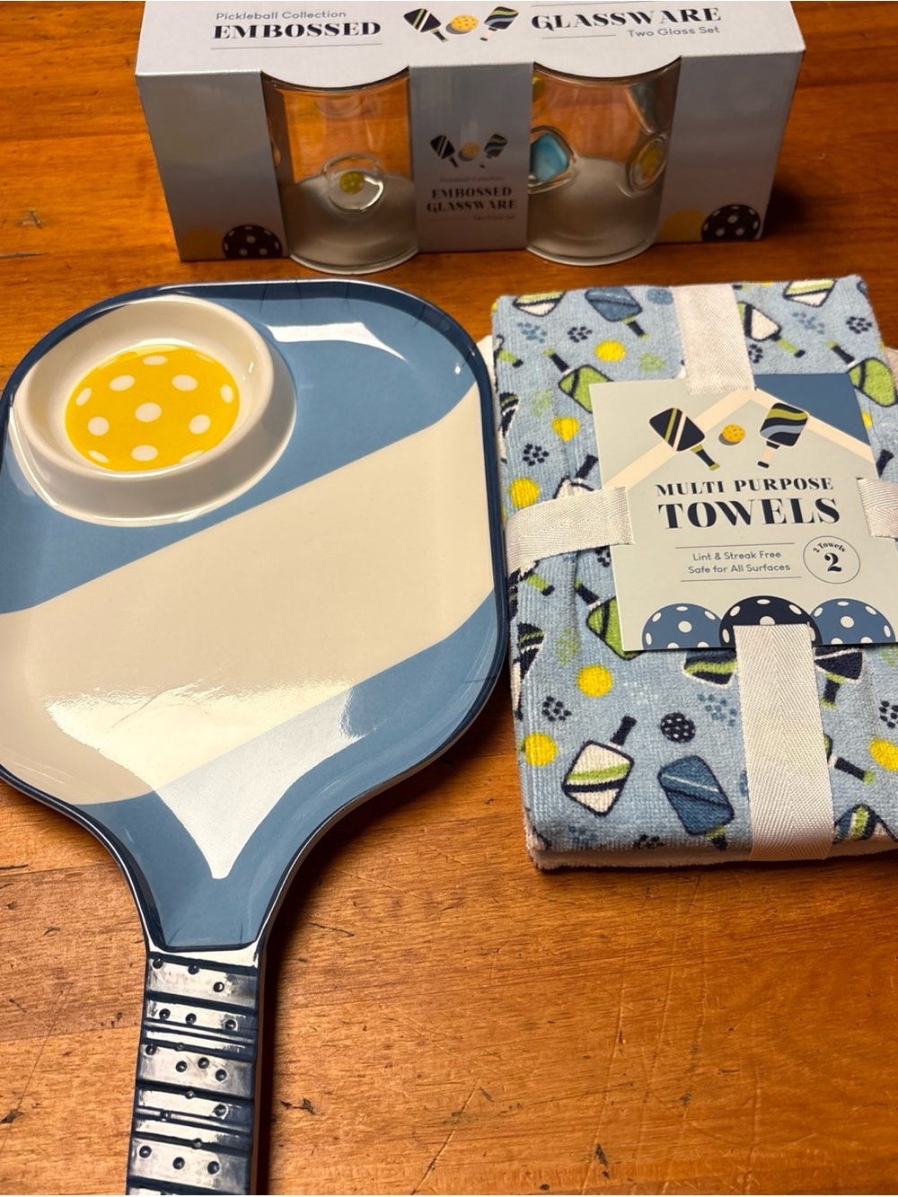 Lot - Pickleball Paddle Platter with Embossed Glassware and new Towels